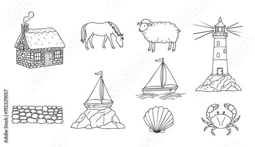 Set of hand drawn country and seaside objects featuring a rustic cottage, grazing horse, fluffy sheep, guiding lighthouse, classic sailboats, a stone wall, seashell, and a crab.