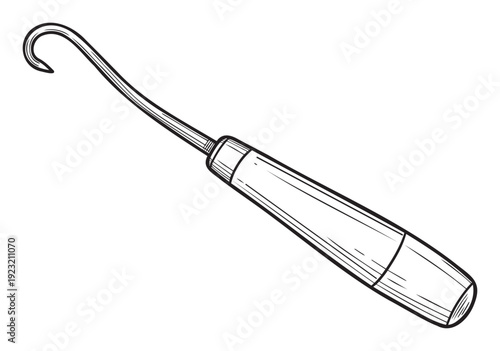 A precise black and white line drawing of a latch hook tool, ideal for illustrating craft instructions, textile guides, or creative project diagrams.