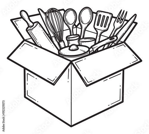 Essential cooking and baking tools collection packed in a moving cardboard box representing kitchen organization and home relocation for culinary blog posts or kitchenware retail promotions