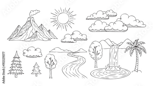 Hand drawn sketch of natural landscape elements including mountains, volcano, sun, clouds, trees, river, and a waterfall, perfect for ecology projects or outdoor graphic resources.