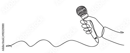 Continuous line drawing of a human hand holding a microphone with a flowing cable, ideal for music, podcast, and broadcast media related communication applications.