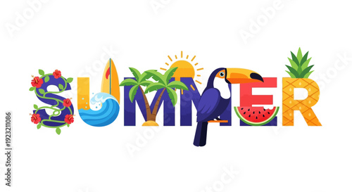 Summer Tropical Paradise with Toucan, Palm Trees, Surfboard, and Pineapple