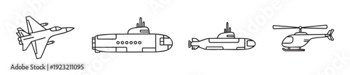 Dynamic collection of essential air and sea transportation vehicles including a fighter jet, two submarines, and a helicopter, perfect for educational resources, infographics, and diverse