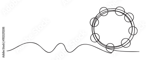 Continuous single line drawing of a traditional musical tambourine instrument with jingles creating a rhythm design perfect for music event promotions, studio branding, or concert posters