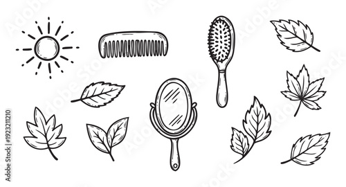 Hand drawn icons of sun, hair comb, brush, hand mirror, and various leaves, perfect for natural beauty product packaging, organic lifestyle blogs, and simple wellness branding projects.