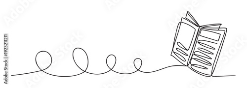 Continuous line drawing of an open book with abstract flowing pages, representing knowledge and imagination, suitable for educational materials or literary promotions
