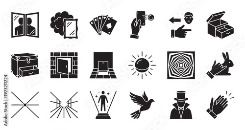 Explore a diverse set of magic show icons, depicting various illusions, performance elements, and mystical symbols, perfect for captivating entertainmentthemed graphic resources.