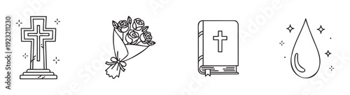 Minimalist outline icons depicting symbols of remembrance and solace for funeral services and memorial events, including a grave cross, floral bouquet, holy book, and teardrop