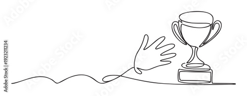 Continuous line drawing of a human hand reaching towards a majestic trophy symbolizing success and achievement, perfect for motivational and goaloriented business promotions.