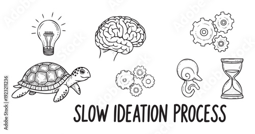 Detailed line drawing illustrating the slow ideation process with symbols of a lightbulb brain gears a turtle and an hourglass for conceptual marketing and educational materials