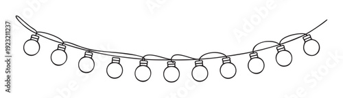 Simple black line drawing of string lights with multiple round bulbs hanging in a decorative curve, perfect for holiday greetings, party invitations, or event decorations.