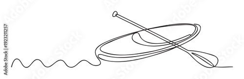 Minimalist continuous line drawing of a canoe with a paddle navigating wavy water, perfect for outdoor recreation branding, summer activity promotions, or graphic design emblems and icons