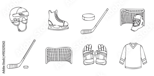 Comprehensive collection of hockey equipment and gear in black outline, perfect for sports education materials, game graphics, or athletic theme promotions.
