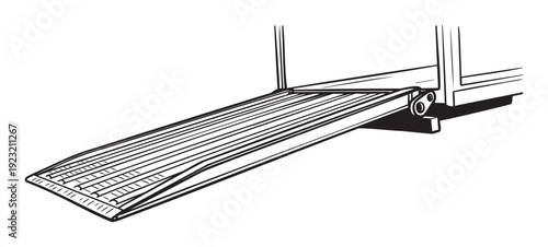 Line drawing of a sturdy metal loading ramp extending from a vehicle, ideal for illustrating material handling, logistics solutions, or transportation service advertisements.