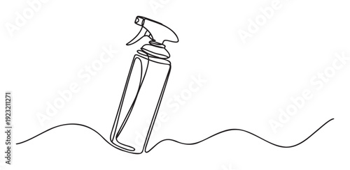 Minimalist continuous line drawing of a spray bottle perfect for home cleaning, beauty products, or sanitizing liquid packaging, ideal for advertising and marketing.