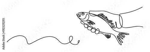 Continuous line drawing of a human hand holding a fish, depicting fishing or seafood, suitable for educational materials, culinary blogs, or outdoor activity promotions