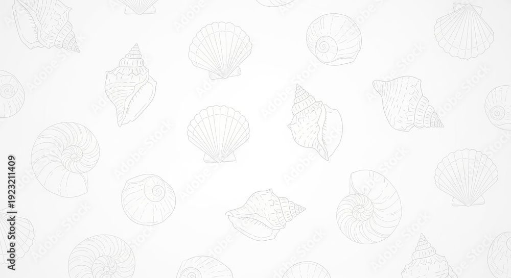 A delicate white minimalist pattern featuring an array of sketched seashells in varying shapes and