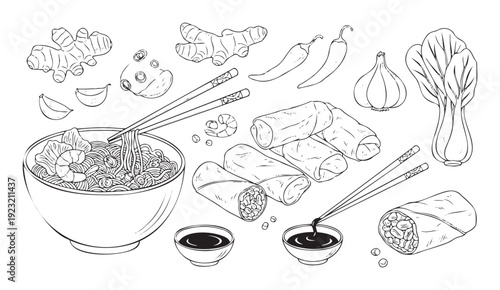 Asian culinary collection featuring a hearty noodle bowl with chopsticks, crispy spring rolls, fresh ginger, spicy chili, and savory sauces perfect for restaurant menus and cooking blogs.