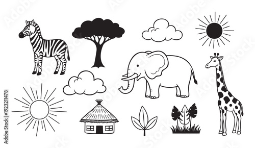 Graphic collection of safari animals like zebra, elephant, giraffe, and nature elements such as tree, sun, clouds, and a hut for childrens books, school projects, or nursery decor
