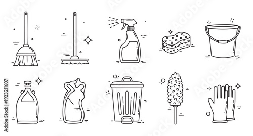 Essential household cleaning supplies and tools outlined in a minimalist linear icon set, perfect for various home maintenance, hygiene, and domestic chore related promotional materials or