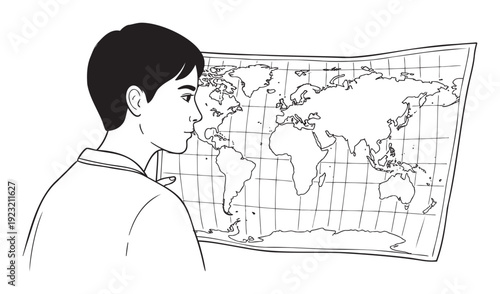 Focused student analyzing a comprehensive world map depicting geographical features and grid coordinates, ideal for school textbooks, exploration themes, educational resources, and