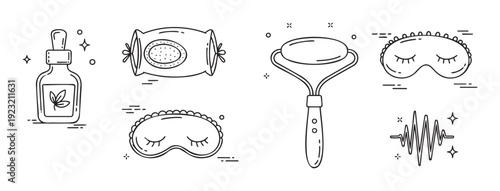 Outline symbols for nightly selfcare rituals featuring a dropper bottle, comfortable pillow, face massage tool, eye cover, and calm energy waves for health and relaxation projects