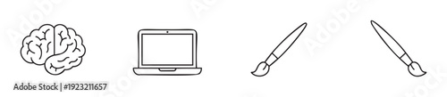 Line icons of a brain, laptop, and paintbrushes, symbolizing the synergy between human intellect, digital technology, and creative expression, useful for educational content, business, and