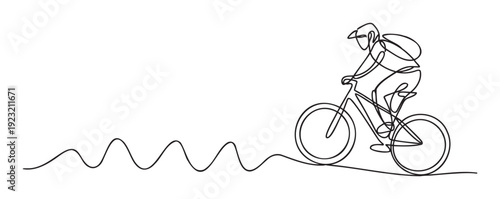 Continuous single line drawing of a person actively cycling a bicycle over a wavy terrain, perfect for sportswear promotions, fitness blogs, and active lifestyle graphic needs.