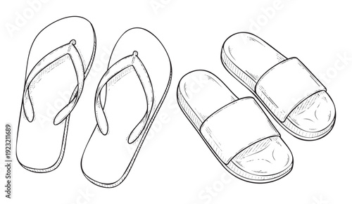 Black and white line drawing of summer footwear including casual flipflops and comfortable slide sandals perfect for vacation, beach, or relaxed lifestyle graphics