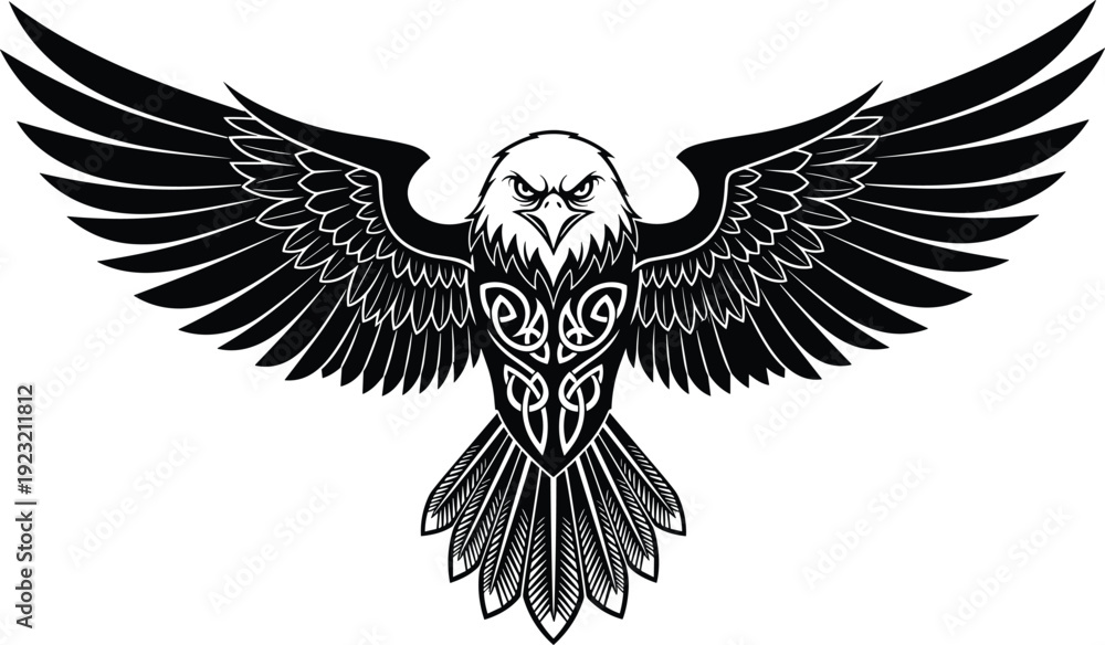 Fototapeta premium Majestic eagle tribal vector illustration, symmetrical wings spread, fierce head detail, ornate decorative feathers, powerful bird design artwork