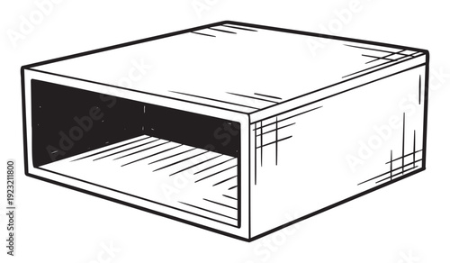 Hand drawn black and white open rectangular box with a void interior and subtle crosshatch shading, perfect for representing storage, organization, or a simple graphic icon.