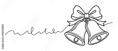 Minimalist black line drawing of festive bells tied with a decorative ribbon, perfect for holiday greetings, wedding invitations, or celebration event announcements.