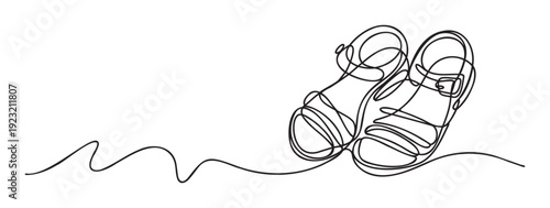 A continuous single line drawing of two stylish summer sandals creating an elegant and minimalistic graphic perfect for various footwear advertisements or casual fashion promotions.