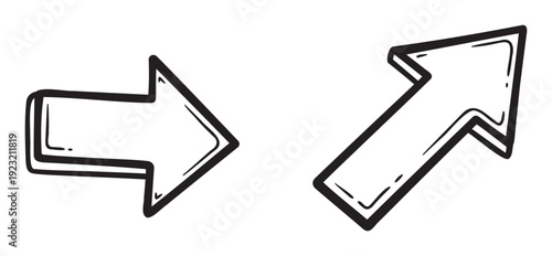 These directional hand drawn graphic arrows in a doodle style provide clear visual cues for user interfaces, presentations, instructional content, or interactive media projects.