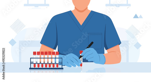 Medical professional in blue scrubs labeling blood samples in a laboratory