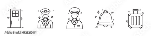 Collection of linear icons depicting hotel and hospitality services like a door, smiling bellhop, service staff, ringing bell, and luggage for various business and travel applications