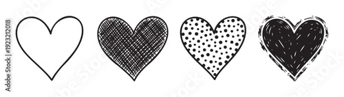 A collection of varied heart symbols featuring outline, scribble, polka dot, and grunge textures, ideal for expressing love, romance, and emotion in greeting, wedding, or celebratory