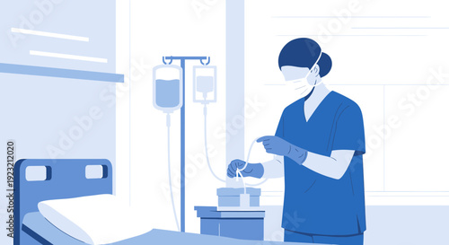 Nurse Administering IV Drip in Hospital Room with Bed and Equipment