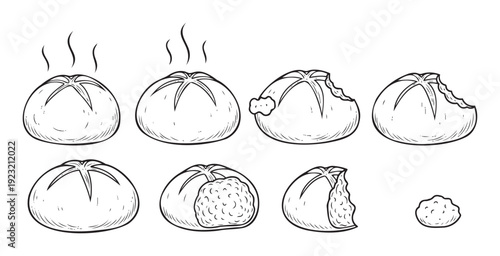 Delicious hand drawn buns showing fresh hot bread, bitten pastries, and revealing a tasty filling, ideal for food advertisements, restaurant menus, or cookingthemed designs.