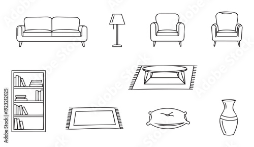 Simple black and white line drawings of various household furniture and interior decor items useful for architectural plans, home design projects, and minimalist graphic presentations