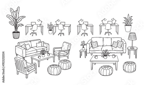 Collection of handdrawn interior furniture and decor elements featuring modern office desks, comfortable lounge sofas, armchairs, coffee tables, lamps, and potted plants, useful for