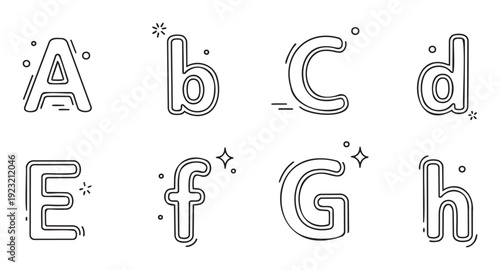 Playful outline alphabet characters featuring a modern double line style and small decorative accents ideal for educational projects, fun branding, and vibrant visual communication.