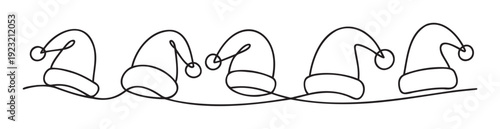 Continuous line drawing of festive Santa hats creating a cheerful holiday decoration for seasonal greetings, winter event invitations, and Christmas celebrations.