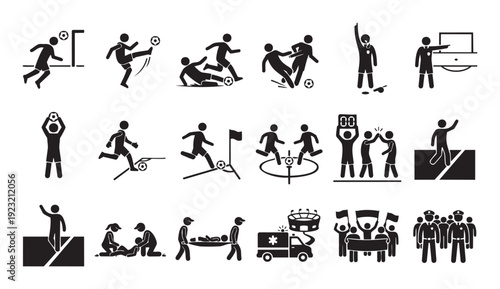 Soccer football match event stick figure icons illustrating players, referees, medical support, fan crowd, and security, suitable for sports graphics and informational designs.