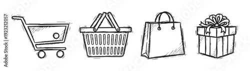 A collection of handdrawn shopping icons including a cart, basket, bag, and gift box, perfect for ecommerce, retail promotions, and online store graphic interfaces