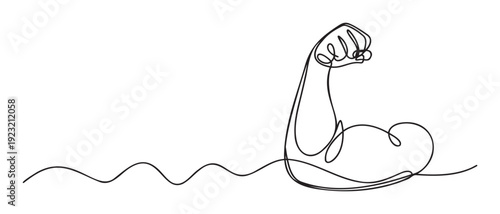 Continuous line drawing of a strong muscular arm flexing a bicep with a clenched fist, representing power and success, ideal for fitness, motivation, and achievement themes.