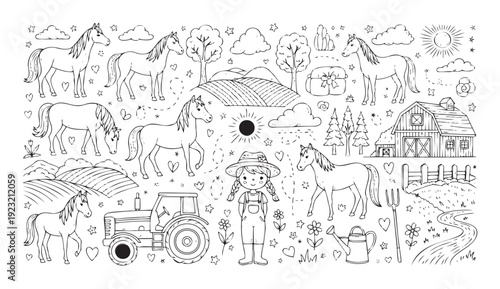 An engaging collection of outline drawings featuring farm animals, a charming farmer girl, agricultural machinery, and scenic rural landscapes, ideal for childrens coloring books and