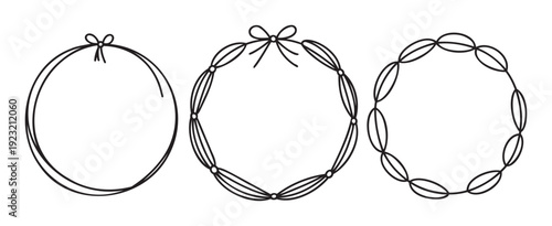 Minimalist black line circular frames with decorative bows and varied ring designs, providing versatile borders for wedding invitations, baby shower announcements, certificates, or social