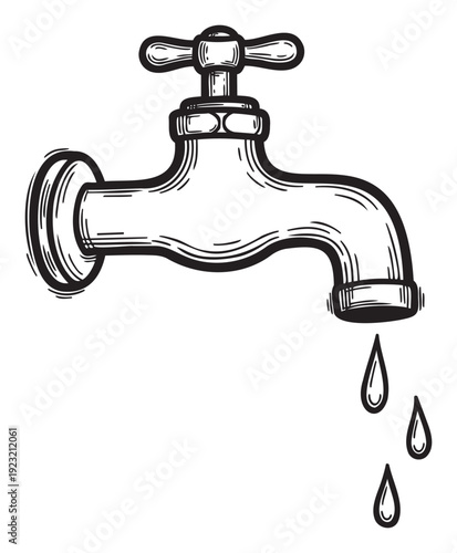 Dripping water faucet with falling droplets symbolizing water conservation, waste, or plumbing issues for educational materials and home maintenance promotions
