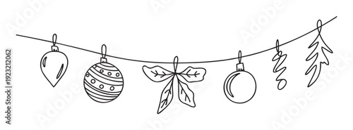 Christmas garland with hanging decorative tree ornaments and natural elements like fir branches and a bow perfect for festive season celebration events and winter holiday greeting products